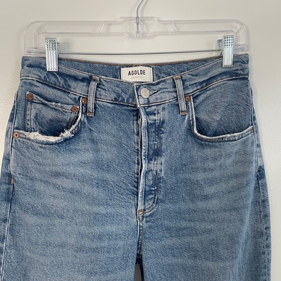 AGOLDE Riley Long High Rise Straight Leg Jeans 27 Blue Denim Fray Hem Button Fly - Picture 3 of 12